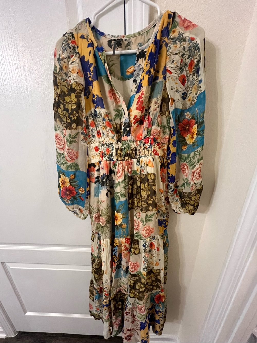 Anthropologie Patchwork Floral V‑Neck Maxi Dress in Cream, Blue, Yellow, Green